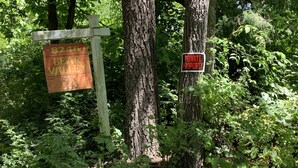A wooden sign with '8246 BEAR VALLEY' and a 'PRIVATE PROPERTY' sign attached to a tree.