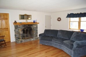 Télévision, cheminée, lecteur de DVD, vidéothèque