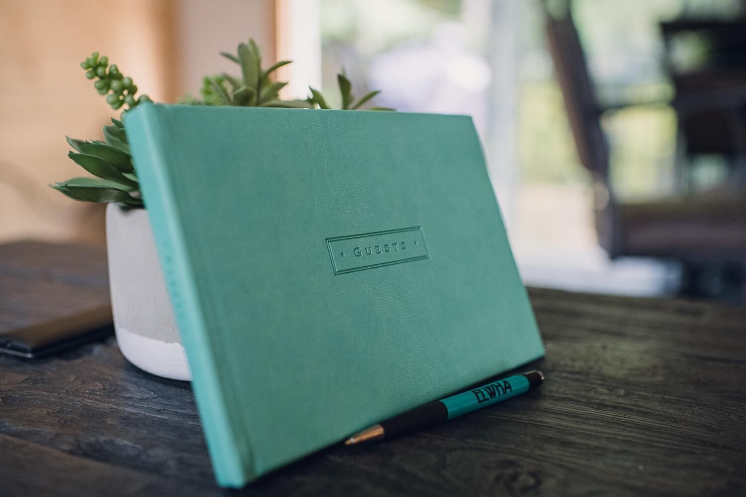 Un carnet de couleur turquoise avec le mot « GUESS » en relief sur la couverture, posé sur une surface en bois à côté d’une plante en pot.