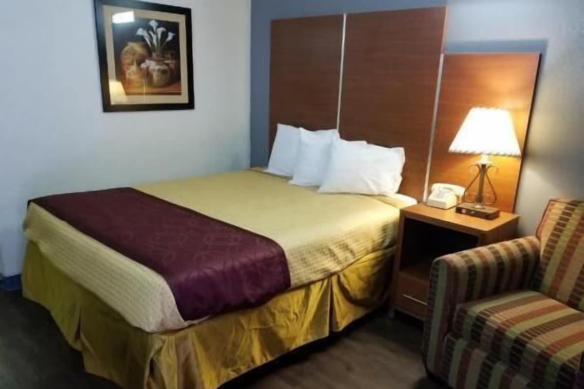 Habitación de hotel con cama, mesita de noche con lámpara, una silla e imagen enmarcada en la pared.