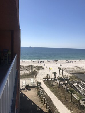 On the beach, sun-loungers
