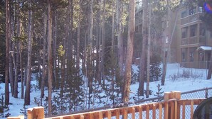 A wooden deck with a chain-link fence, surrounded by tall pine trees and a building in the background. - Cabin in Breckenridge  - Walk to Main Street & Peak 9 Lifts (Breckenridge)