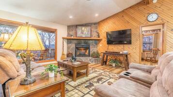 Smart TV, fireplace, video games, DVD player