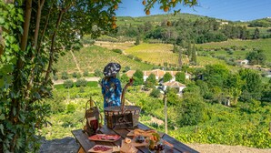 Uma mesa de madeira com diversos alimentos para um piquenique, com vista para um vinhedo e uma colina com edifícios ao fundo.
