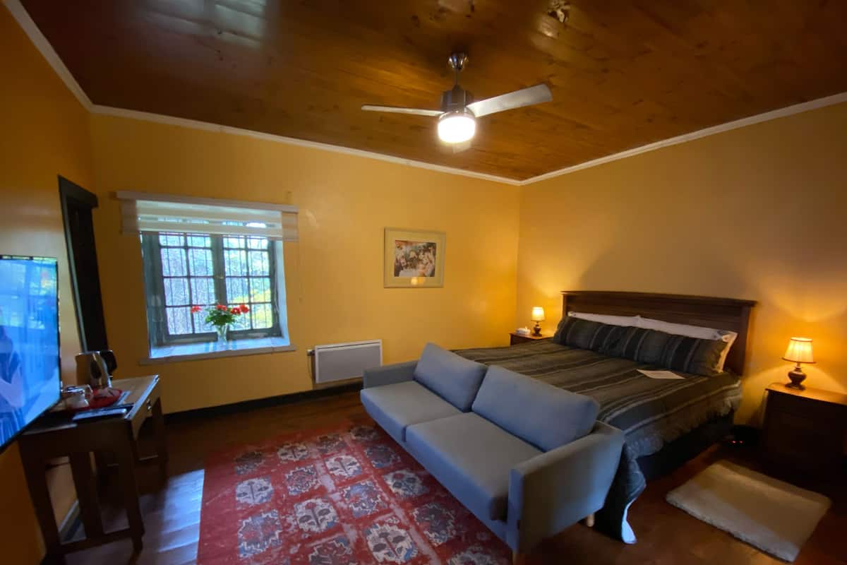 Un dormitorio con cama, sofá, ventilador de techo, ventana con flores y radiador.