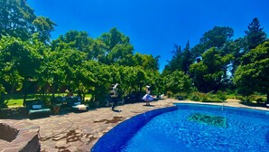 A swimming pool with a stone deck, surrounded by lush greenery and outdoor furniture. - Casona Lo Aguirre Hotel y Convenciones (Talagante)