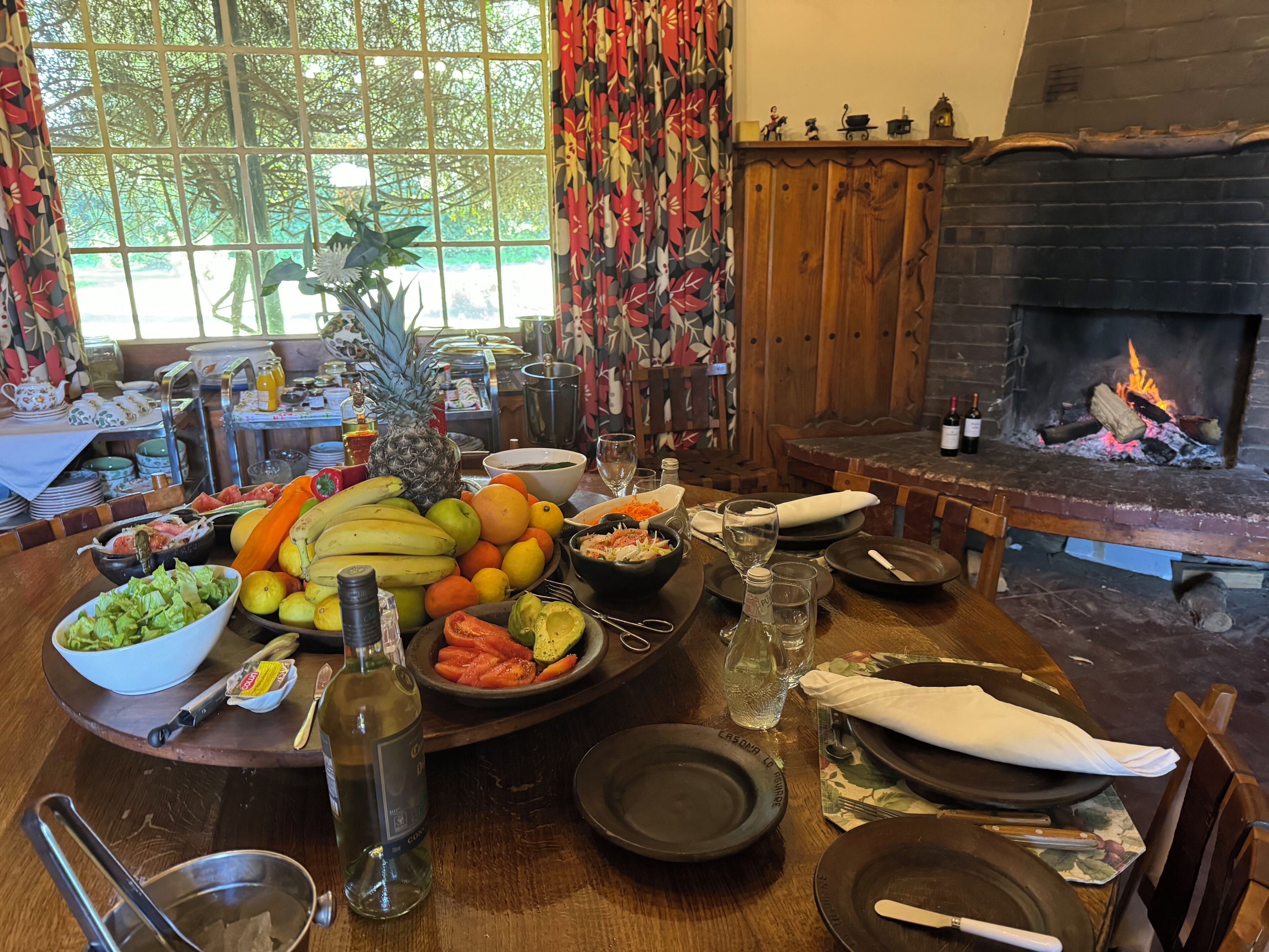 Una mesa de comedor con frutas, verduras y una botella de vino, una chimenea y vistas a árboles a través de una ventana.