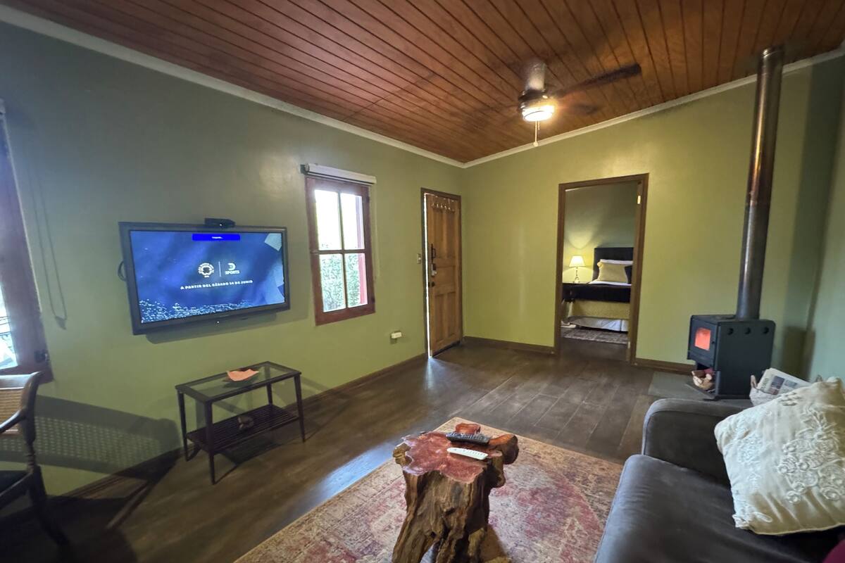 Una sala de estar con televisor, sofá, mesa de centro, chimenea y ventilador de techo.
