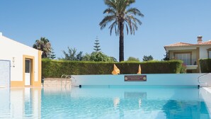 A clear swimming pool with a palm tree and a building in the background.