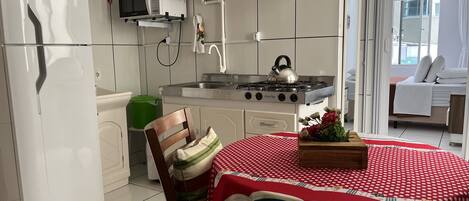 Fridge, microwave, stovetop, electric kettle