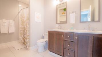 Combined shower/bathtub, hair dryer, towels, soap