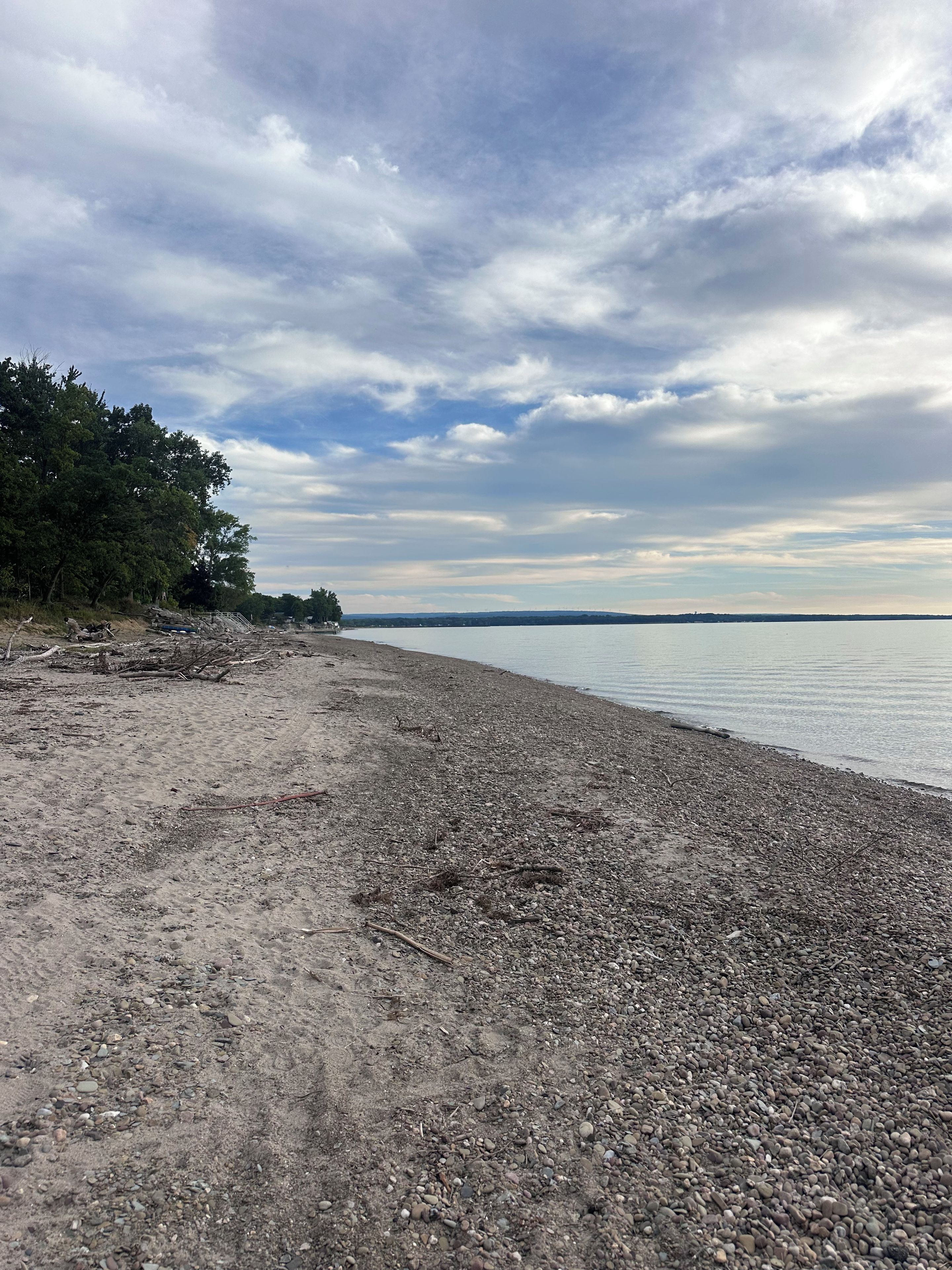 Ein Kiesstrand mit Bäumen links und ruhigem Wasser im Hintergrund.