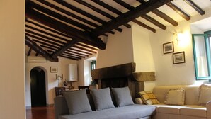 A living room with a fireplace, a sofa, and a couch. - Podere I Rovai-apt IL RIFUGIO-amazing view Tuscany (Reggello ( Firenze ))