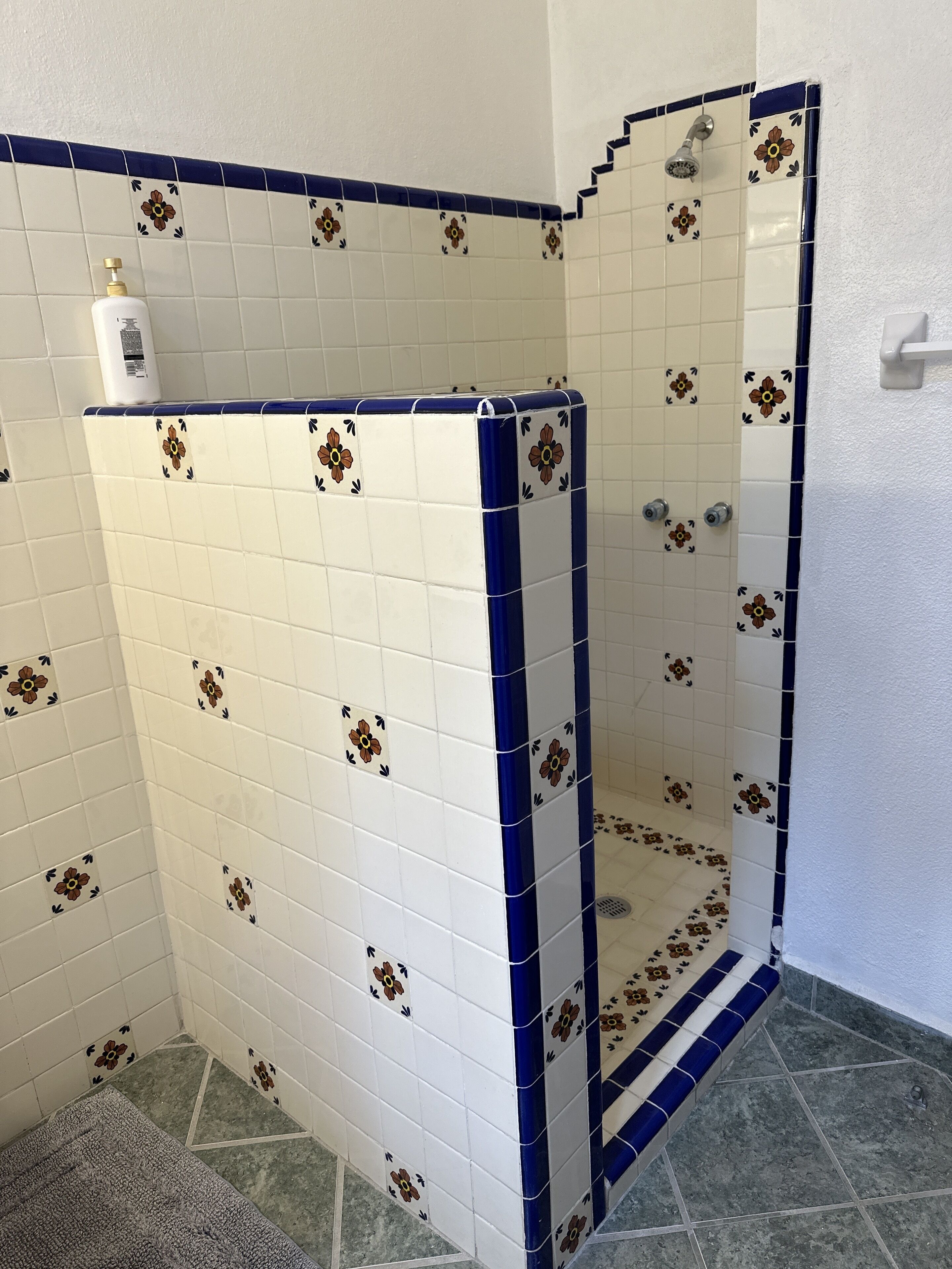 A bathroom with white tiles and blue borders, a shower with a handheld showerhead, and a towel rack.
