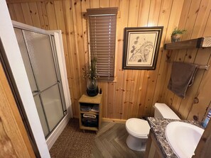 Combined shower/tub, hair dryer, towels, soap