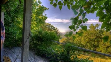 A wooden deck with a bench, surrounded by lush greenery and a view of the sea.