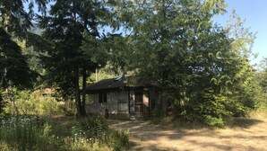 Een rustieke hut, omringd door dicht bos, met een onverharde pad er naartoe.