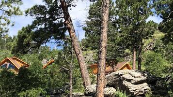 A cabin surrounded by large rocks and pine trees.
