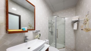 A modern bathroom with a glass shower enclosure, a white sink, and a toilet.