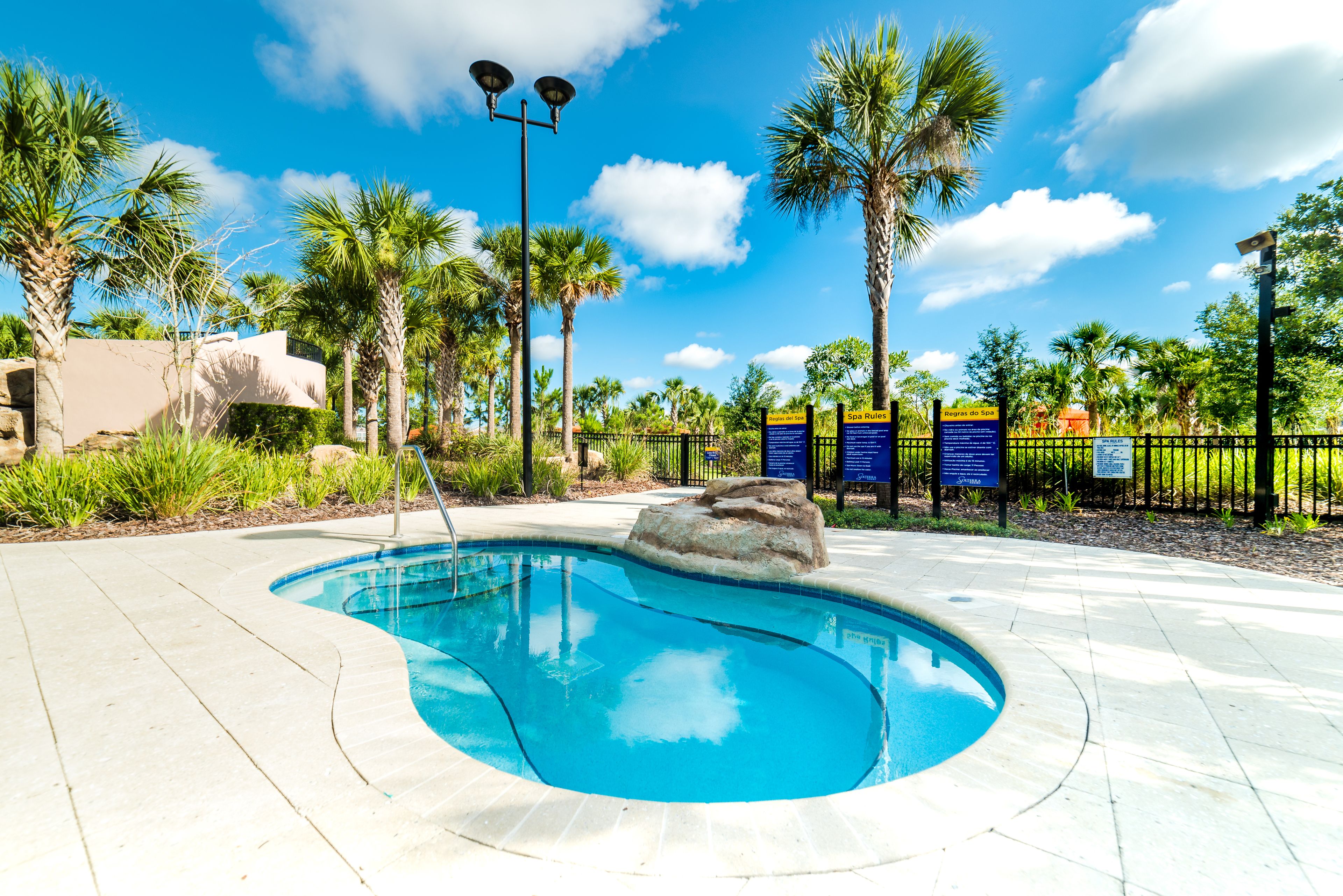 A swimming pool with a rock centerpiece, surrounded by palm trees and a paved deck.