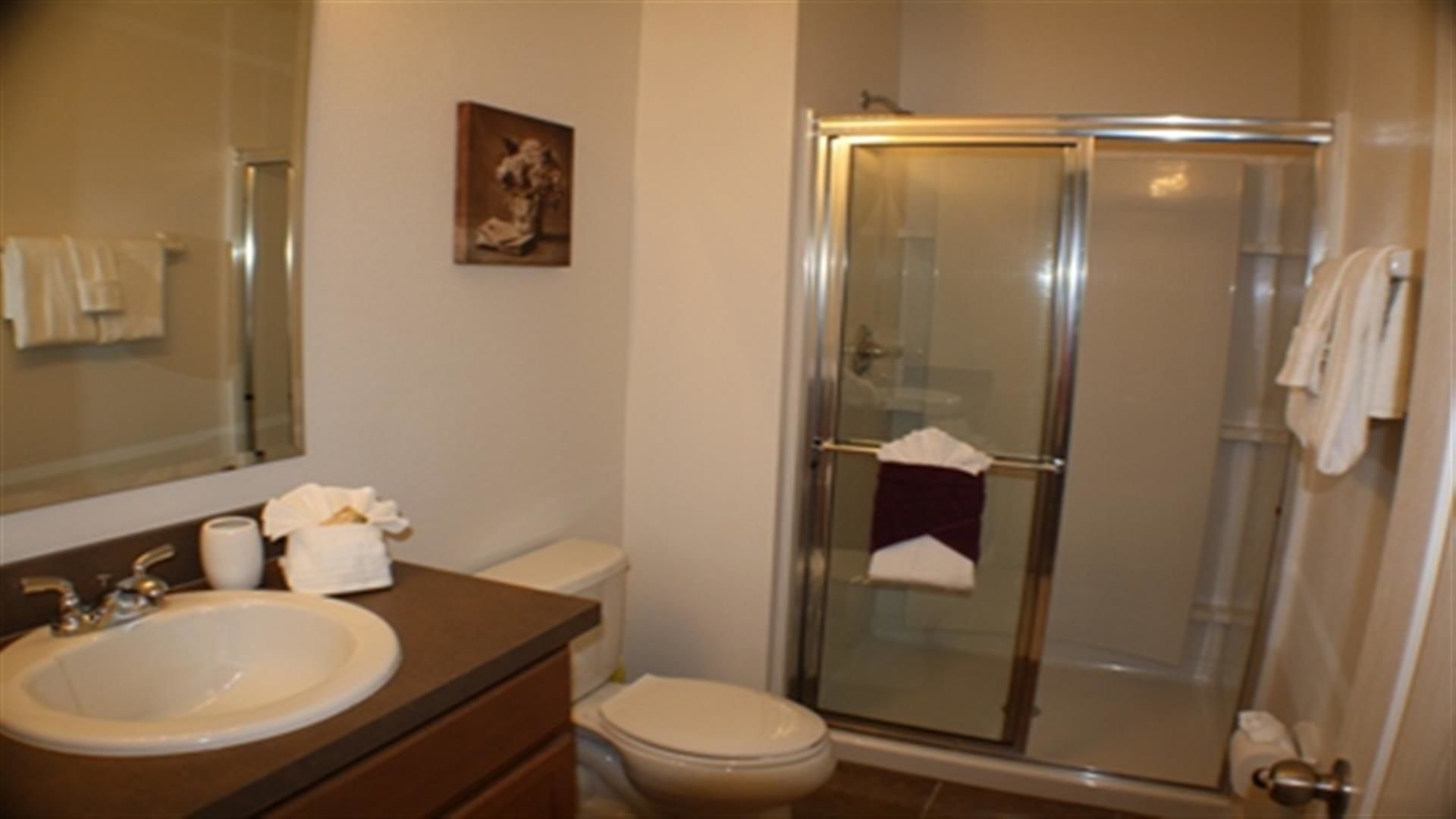 Baño con lavamanos, inodoro y cabina de ducha de vidrio.