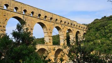 Een groot stenen aquaduct met meerdere bogen, omringd door weelderige begroeiing.