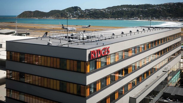 A modern building with the name 'RYDGES' prominently displayed. It features multiple floors with large windows and a flat roof. - Rydges Wellington Airport (Wellington)
