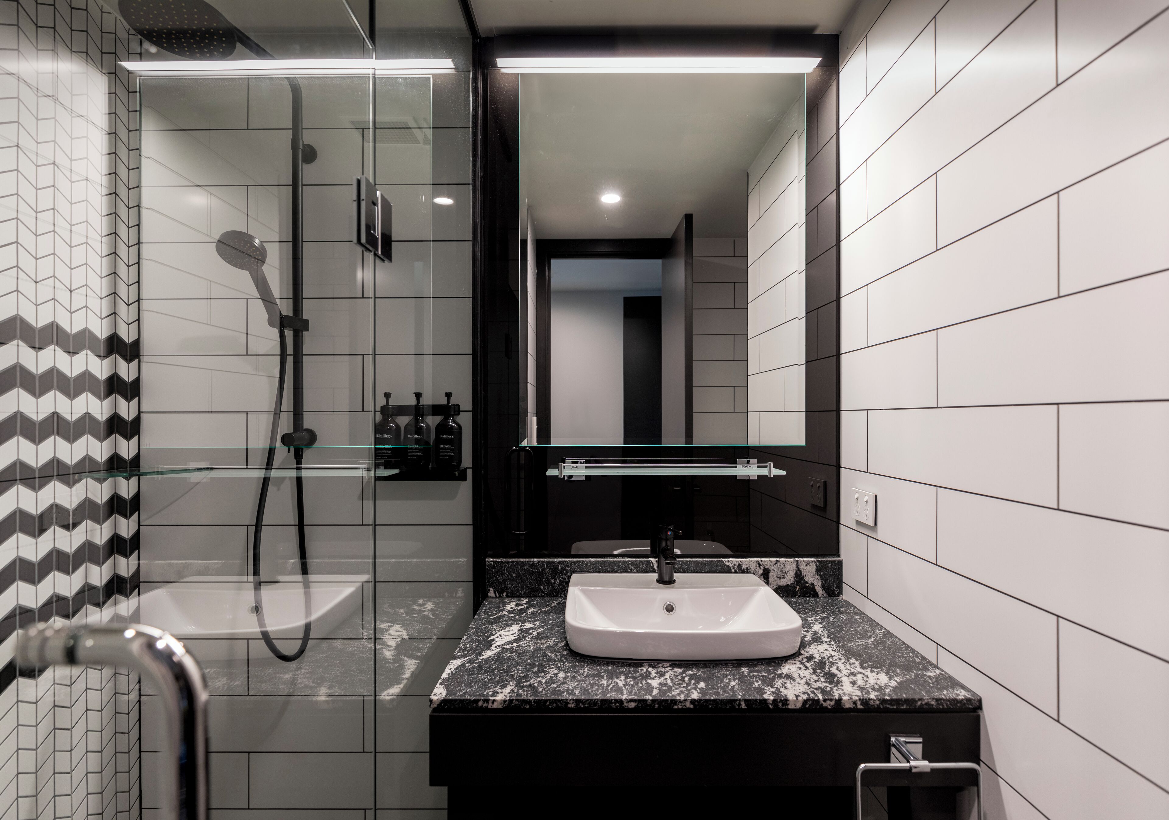 standard queen queen | bathroom | shower, rainfall showerhead, eco-friendly toiletries, hair dryer