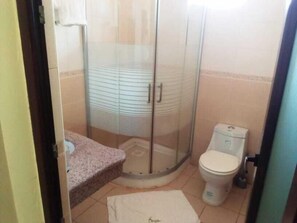 Une salle de bain avec une douche à parois de verre, des toilettes et un lavabo.
