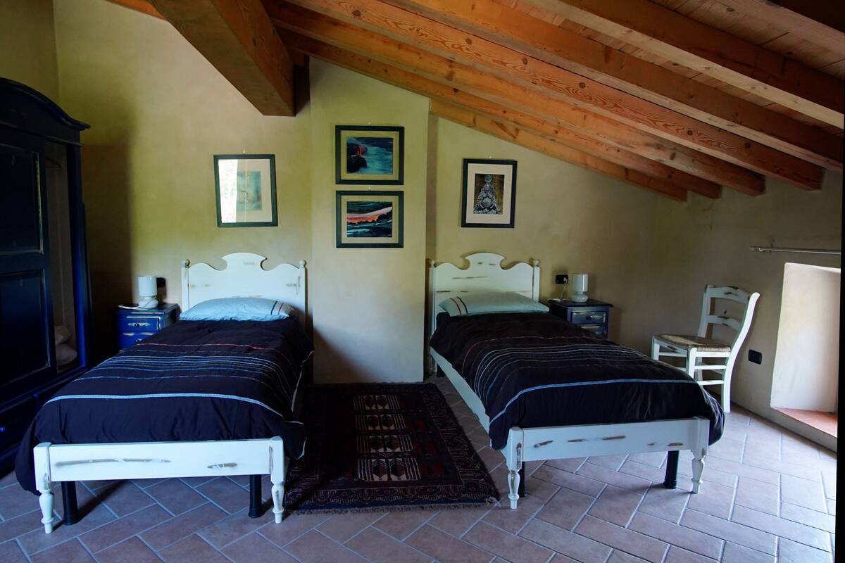 A bedroom with two beds, a wooden ceiling, and a small chair.