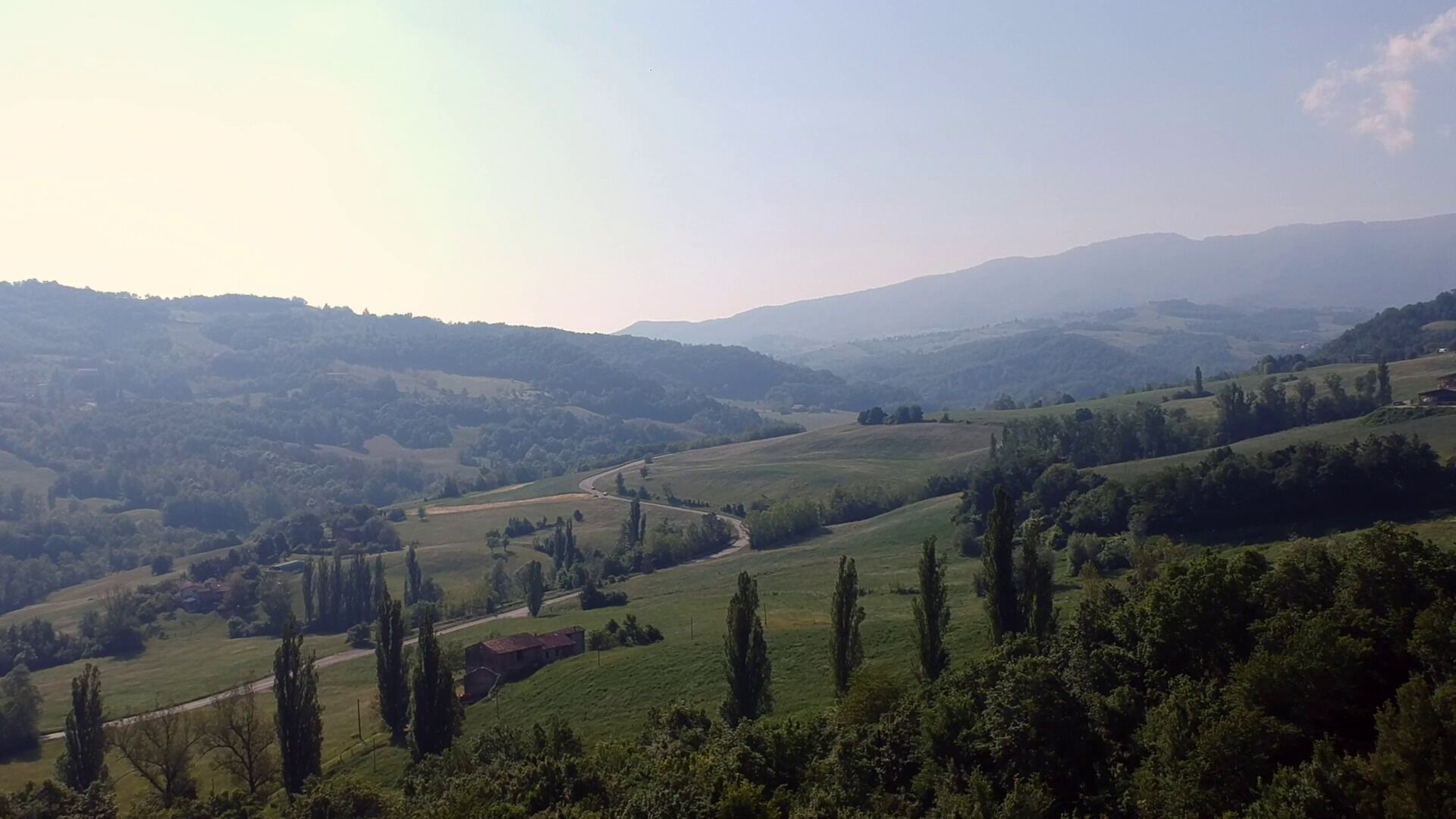 A panoramic view of rolling hills with scattered trees and a winding road.