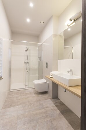 Shower, free toiletries, hair dryer, towels