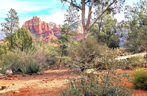 A natural landscape with red rock formations and trees.