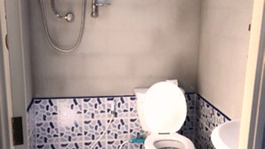 Un baño pequeño con inodoro, ducha y lavamanos.