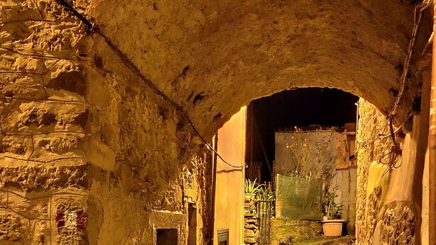 A narrow stone pathway leading through an arched passageway, flanked by stone walls and a potted plant. - Pietra Di Mare Guest House (La Spezia)