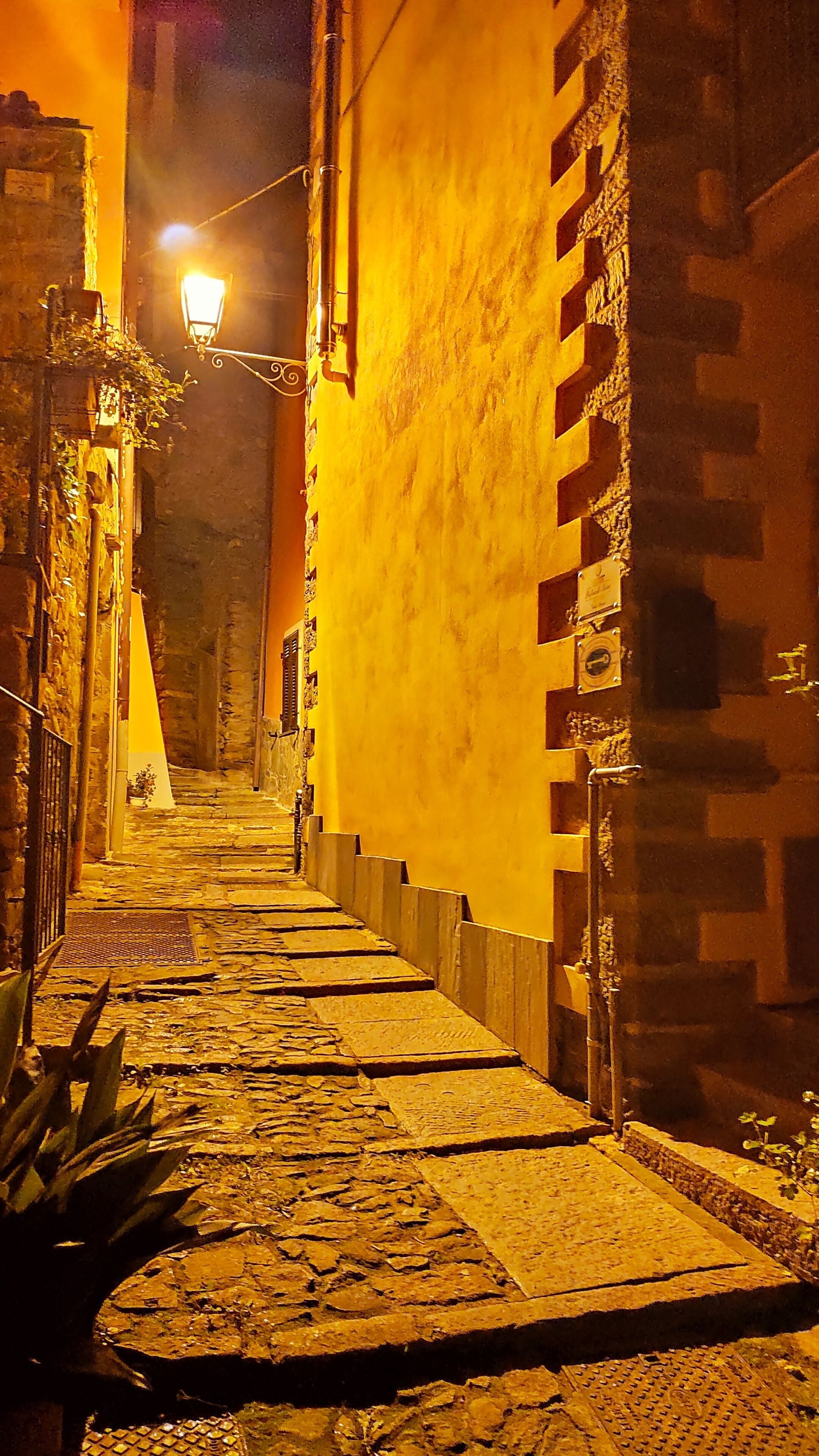 A narrow cobblestone street with a brick wall on one side and a street lamp on the other.