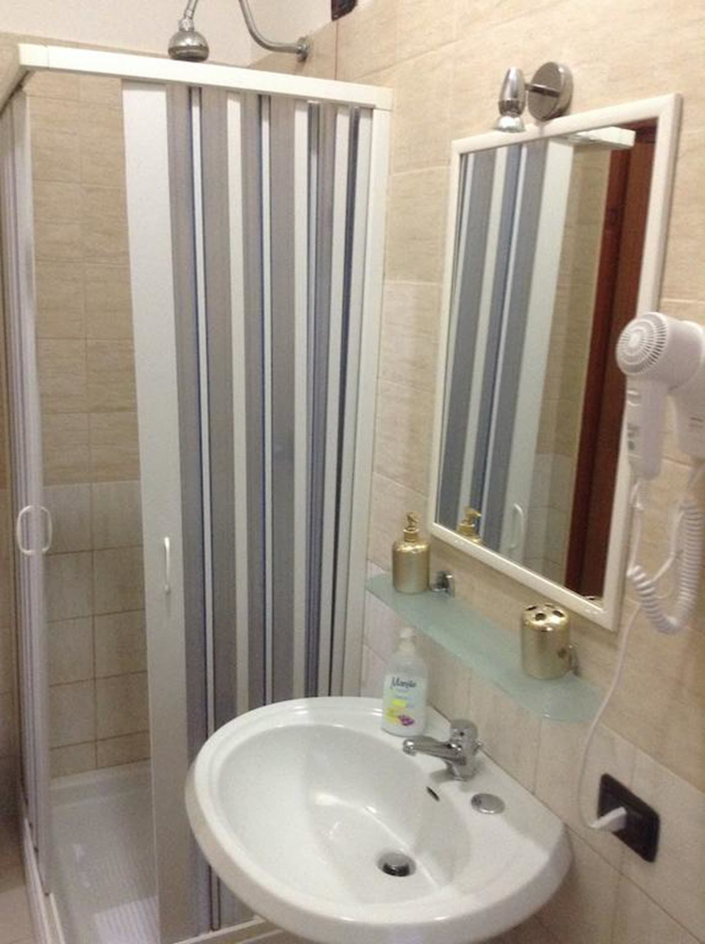A bathroom with a shower, a sink, a mirror, and a hairdryer.
