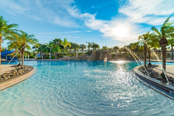Seasonal outdoor pool, sun loungers