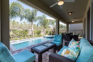 Seasonal outdoor pool, pool umbrellas, pool loungers