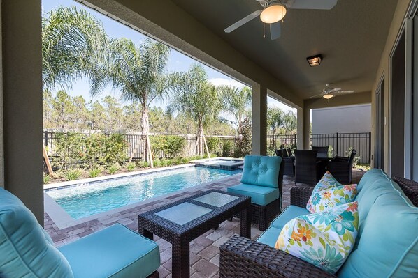 Seasonal outdoor pool, pool umbrellas, pool loungers