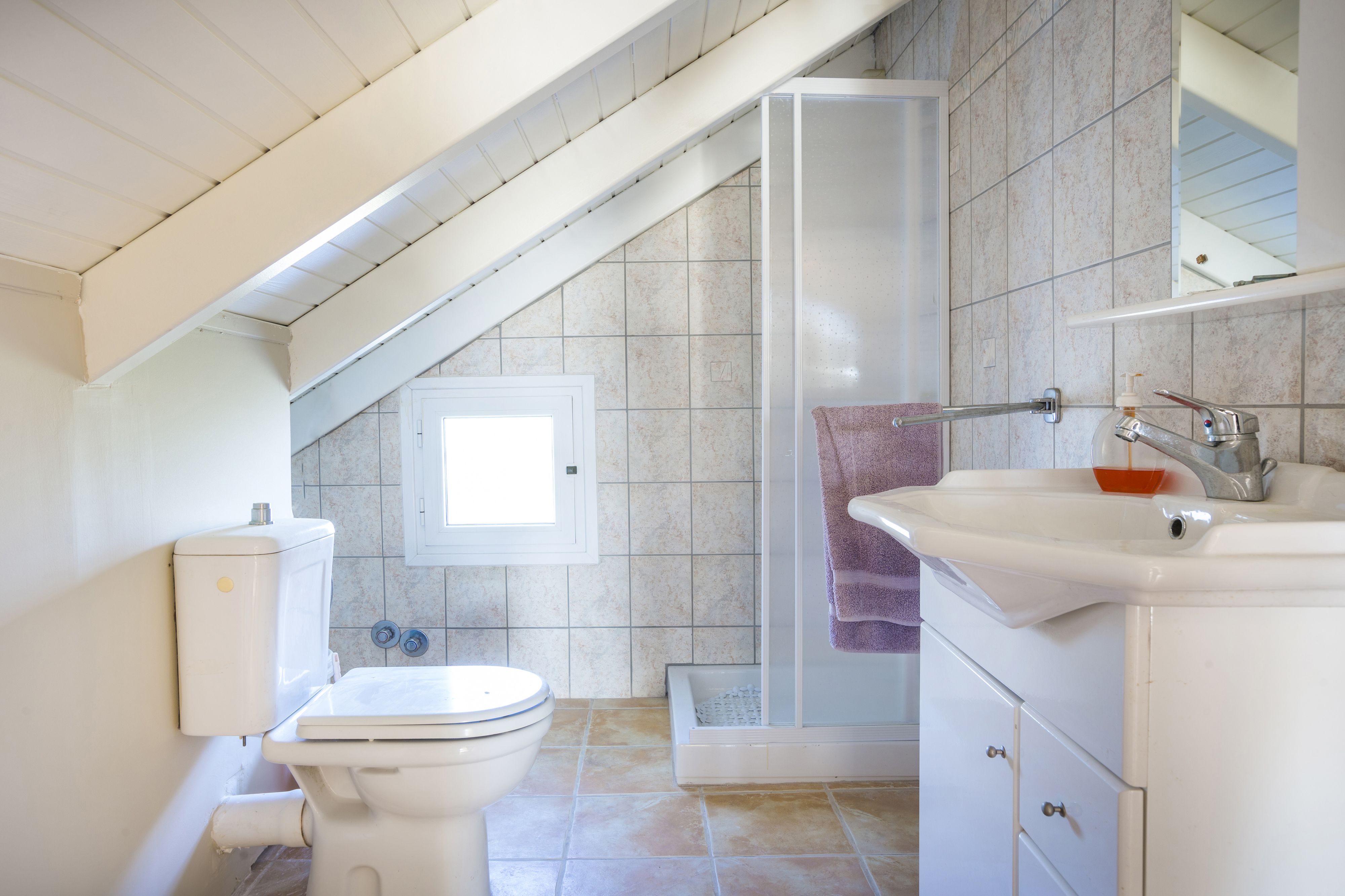 A bathroom with a toilet, sink, shower, and a window.