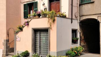 Un edificio con ingresso al piano terra, un balcone con persiane verdi e diverse piante in vaso.