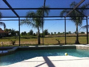 Seasonal outdoor pool, pool loungers