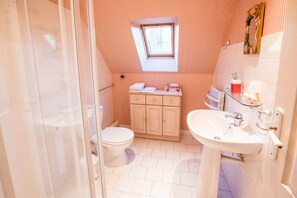 A compact bathroom with a skylight, a toilet, a sink, and a cabinet. - La Ferme du Grand Launay (Semblancay)