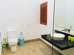 A bathroom with a toilet, a trash bin, a mirror, and a sink.