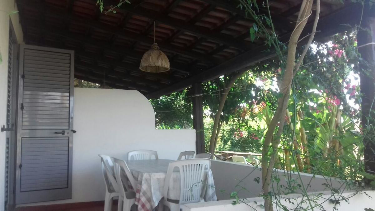 Un espacio exterior techado con una mesa y sillas, una puerta cerrada y abundante vegetación al fondo.