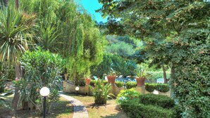 A garden pathway with potted plants and a stone wall.