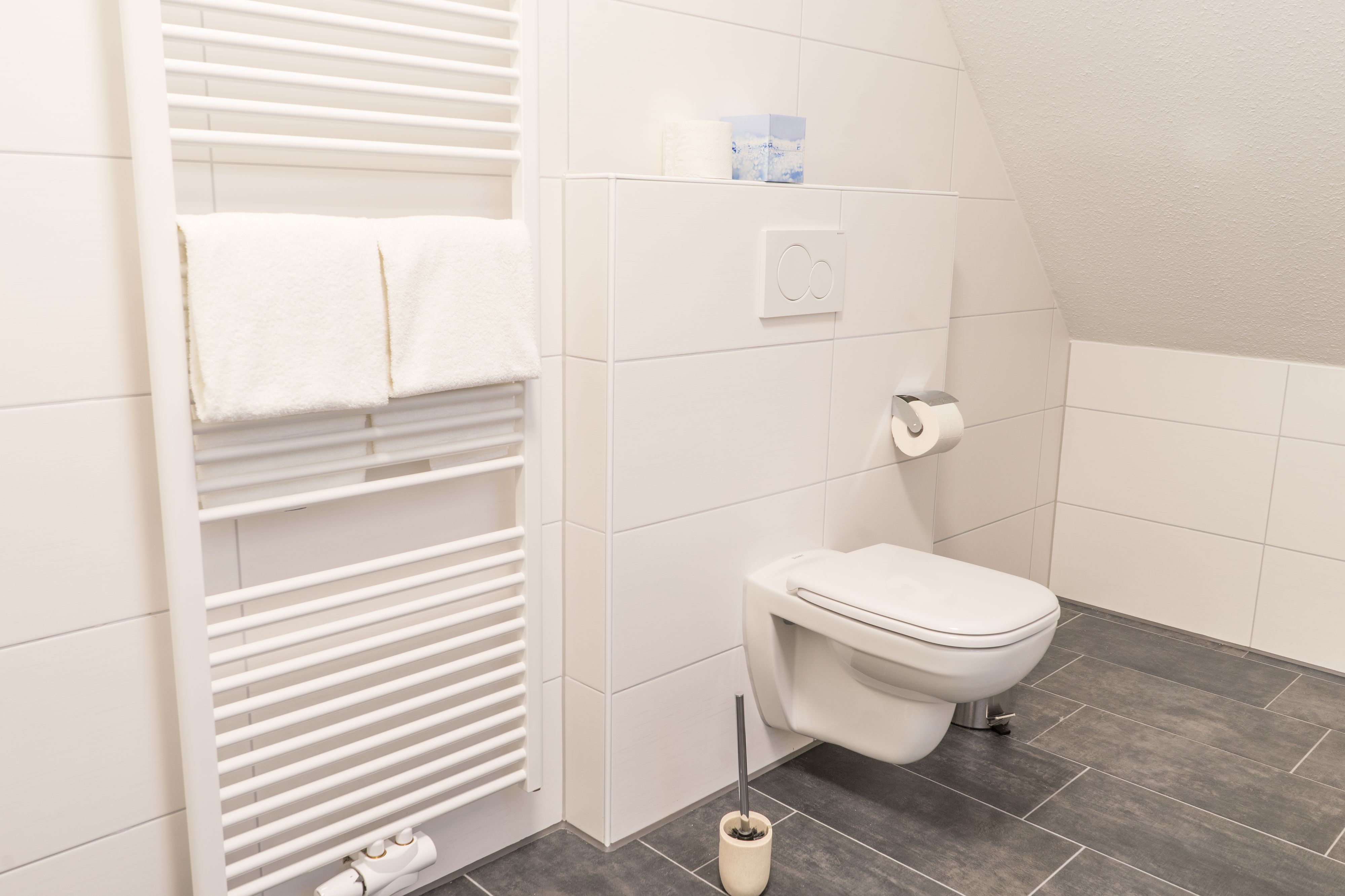 Un baño moderno con un inodoro blanco, un perchero con dos toallas, un dispensador de papel higiénico y un cubo de basura pequeño.