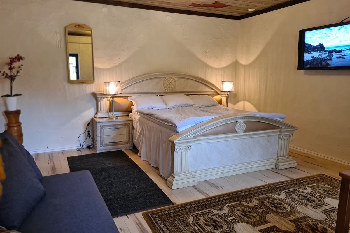 Une chambre à coucher avec un lit, des lampes de chevet, un miroir et un téléviseur fixé au mur.