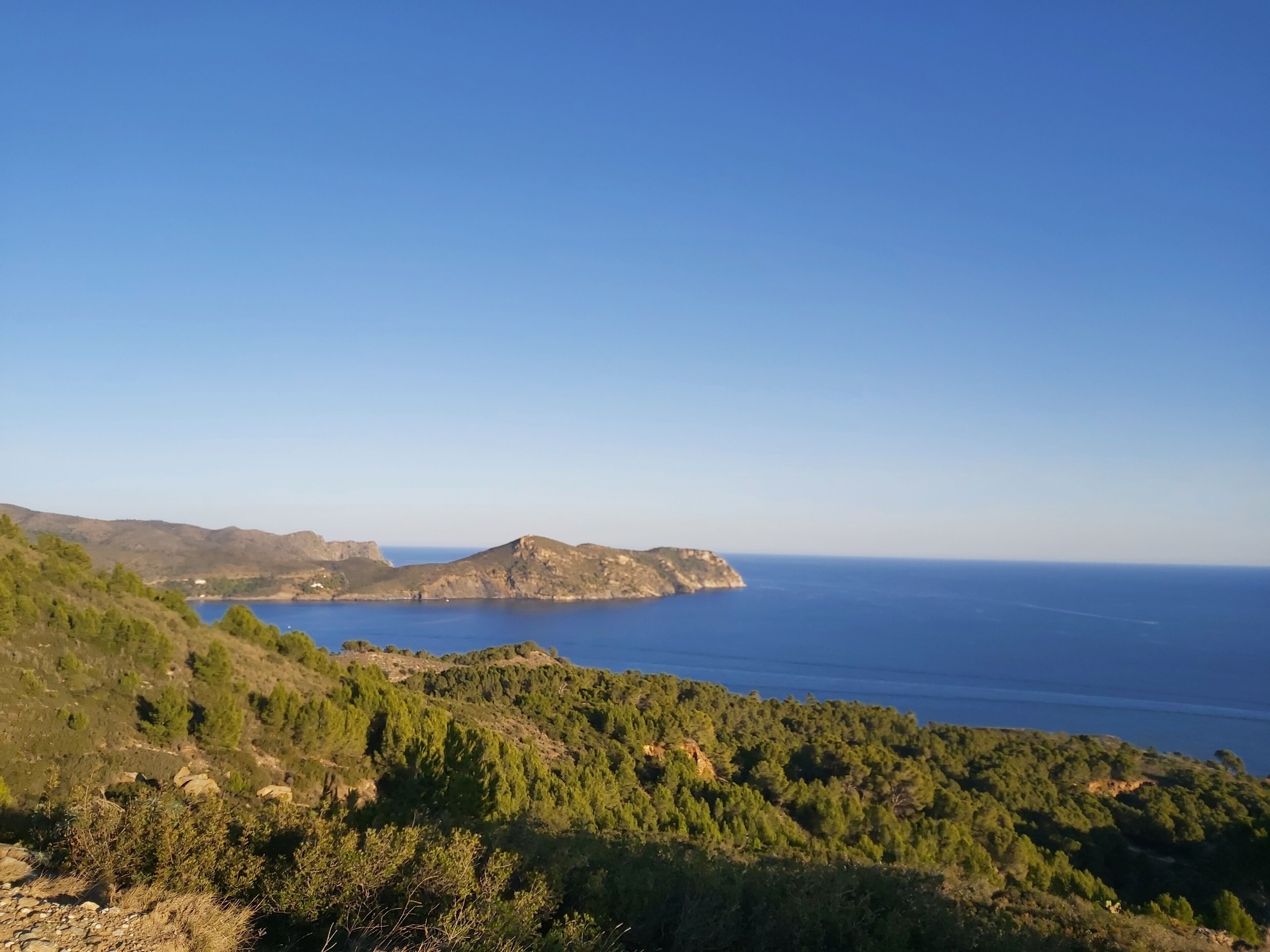 Un paisaje costero con cielo despejado, una masa de agua y terreno montañoso cubierto de vegetación.